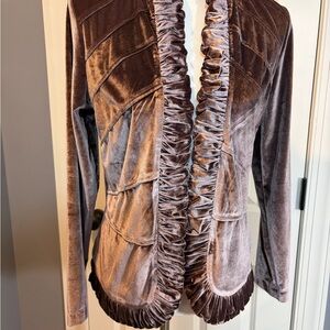 Sahalie Velvet Ruffled cardigan in Rich Brown Mauve